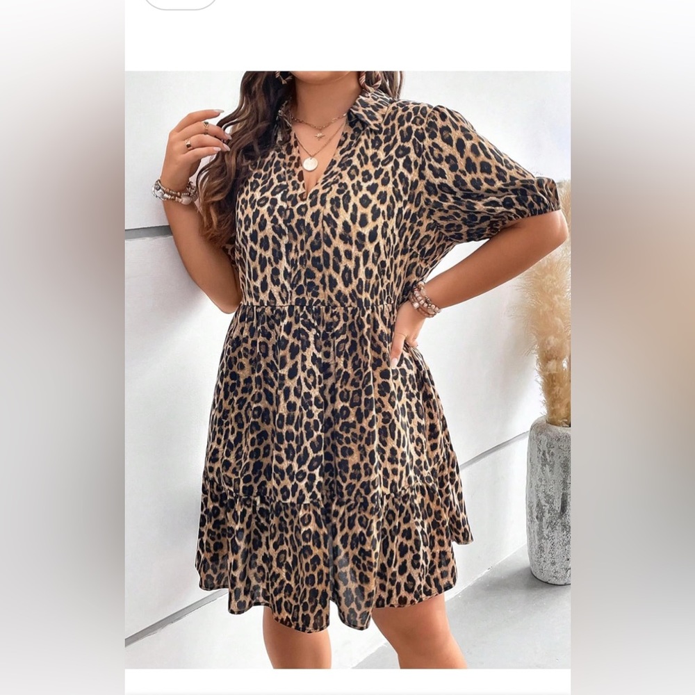 NWOT Leopard Shirt Dress Puff Sleeve Ruffle Hem Swing Shift Dress Size 4x